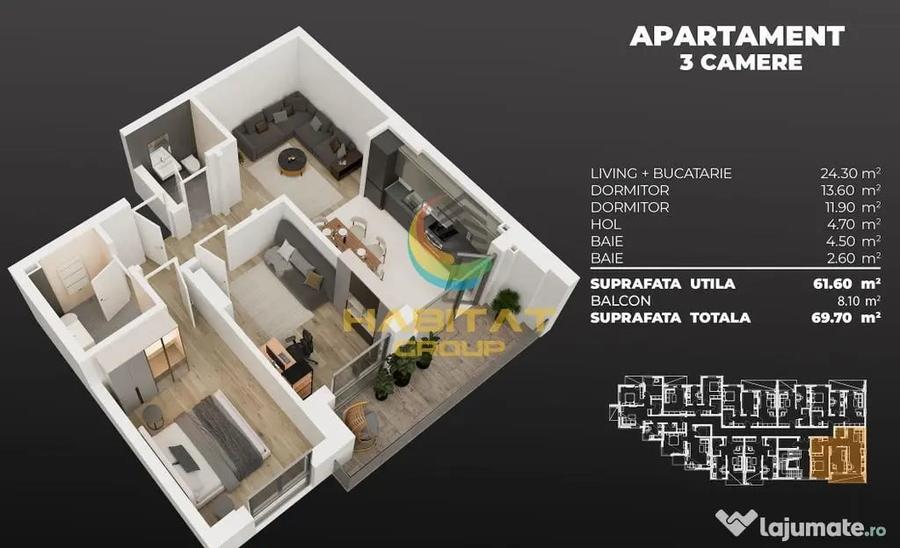 Apartament cu 3 camere semidecomandat în Central