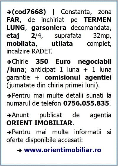Garsonieră decomandată în Far