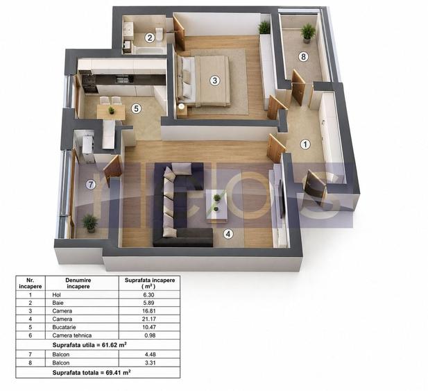 Apartament cu 2 camere decomandat, mobilat în Central