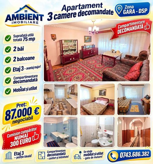 Apartament cu 3 camere decomandat, mobilat în Gară