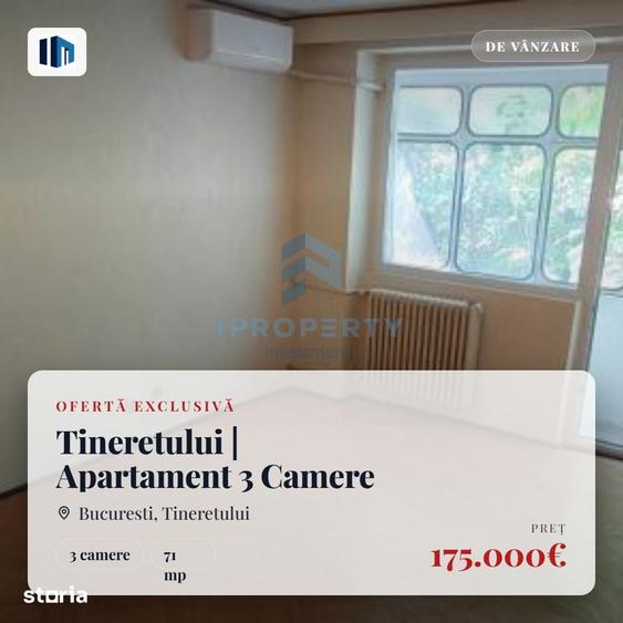 Apartament cu 3 camere decomandat în Tineretului