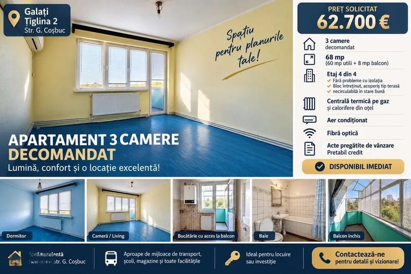Apartament cu 3 camere decomandat în Țiglina 2