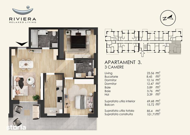 Apartament cu 3 camere în Central