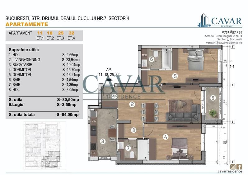 Apartament cu 3 camere decomandat, mobilat în Brâncoveanu