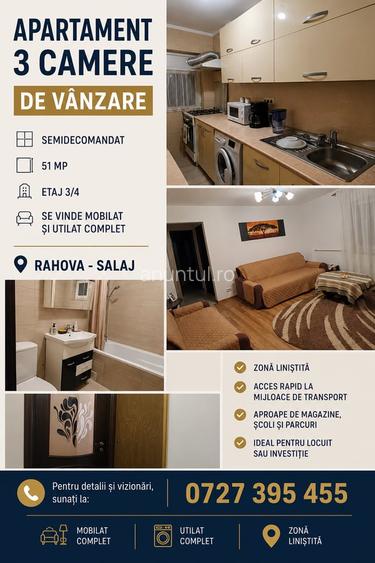 Apartament cu 3 camere semidecomandat în Rahova