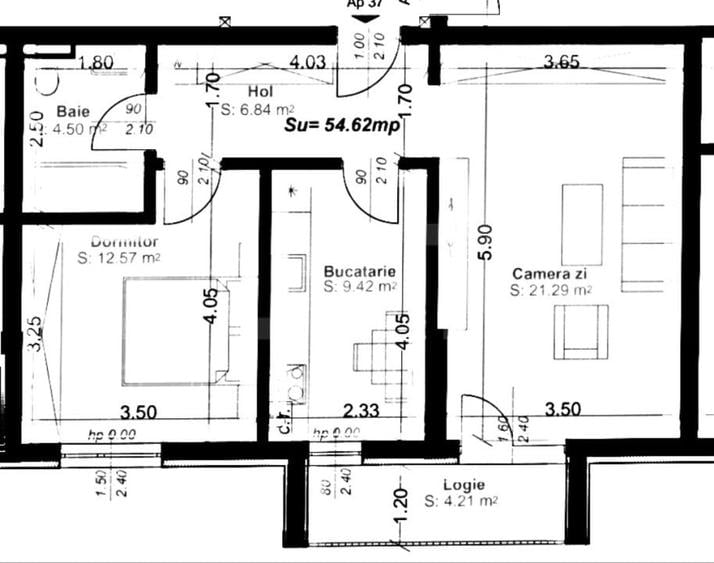Apartament 2 camere, decomandat, 54mp utili, logie 4,21, zona Aradului - 1