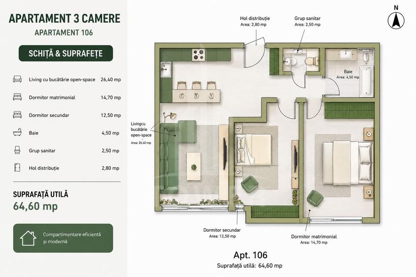 Apartament cu 3 camere în Vest