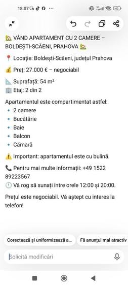 Apartament cu 2 camere în Boldești