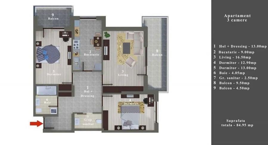 Apartament cu 3 camere decomandat, mobilat în Central