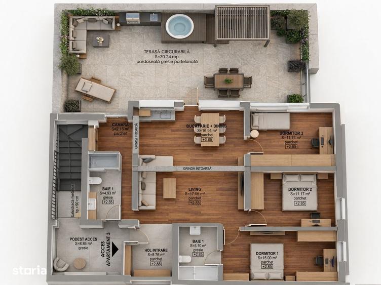 Apartament cu 3 camere în Central
