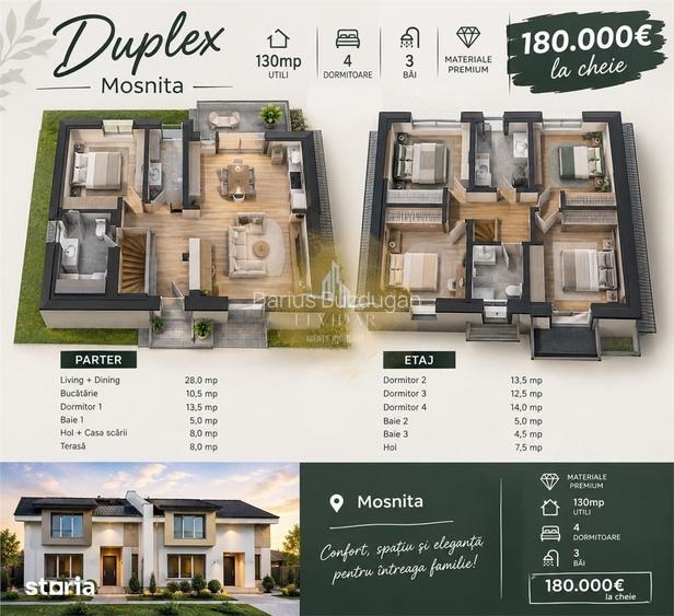 Duplex Mosnita noua | 4 dormitoare | 3 bai | 130 mp utili