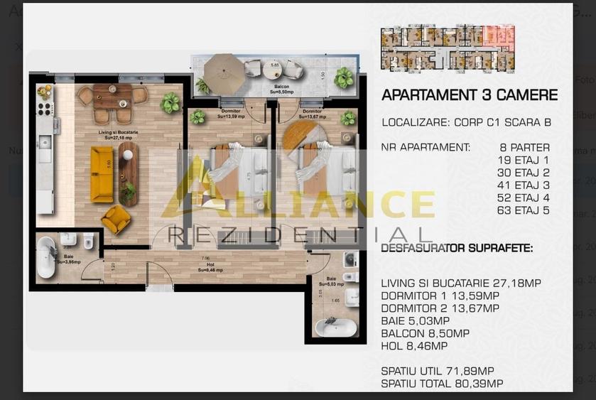 Apartament cu 3 camere decomandat în Sud