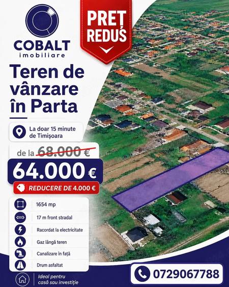 Teren de 1854 mp, în Parța