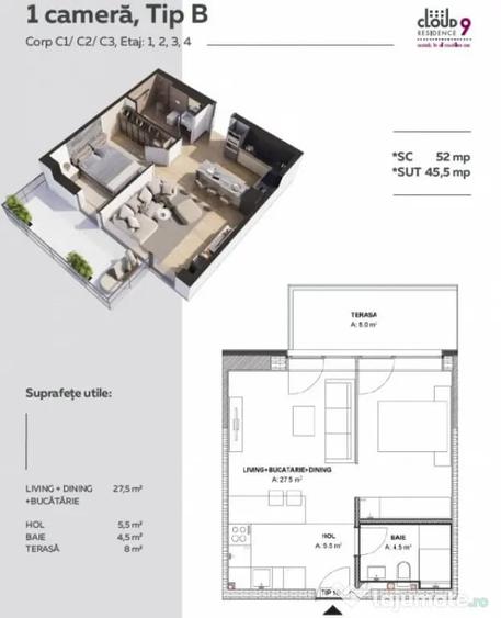 Apartament cu 2 camere decomandat în Aviației