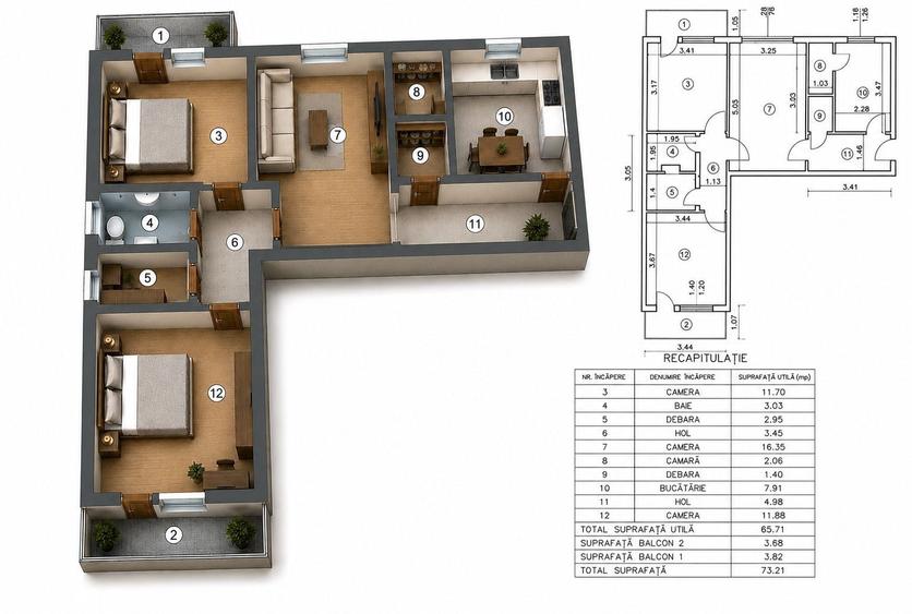 Apartament cu 3 camere semidecomandat, mobilat în Podu Roș