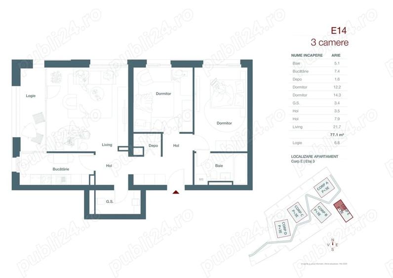 Apartament cu 3 camere decomandat în Central