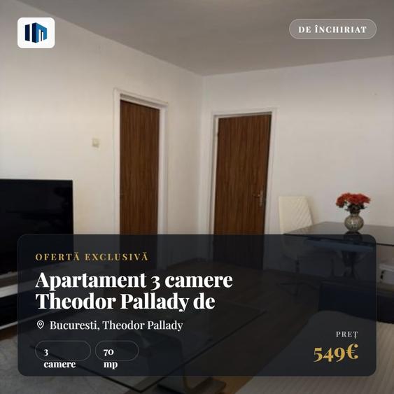 Apartament cu 3 camere semidecomandat, mobilat în Theodor Pallady