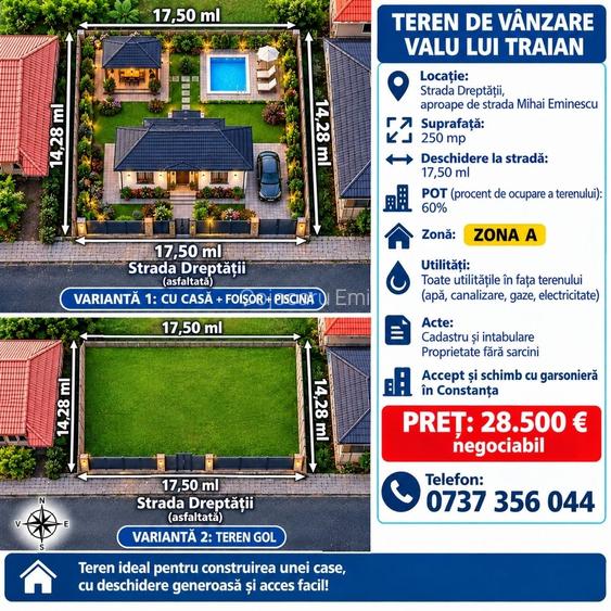 Vand teren intravilan 250 mp deschidere 17,50 lm