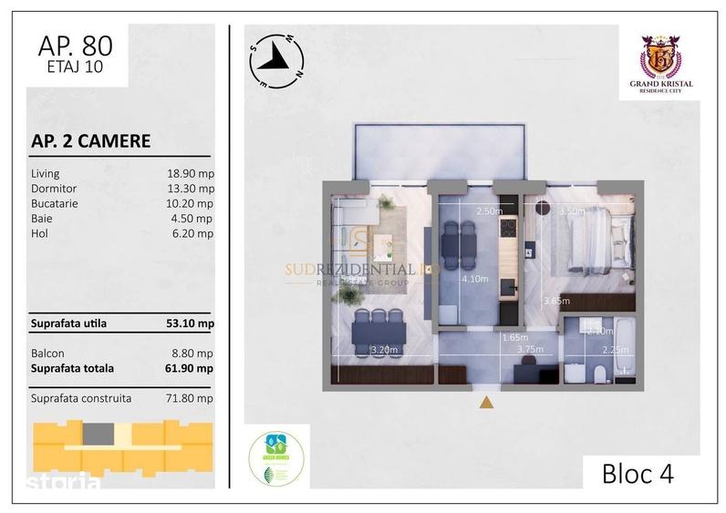 Apartament cu 2 camere, mobilat în Sud