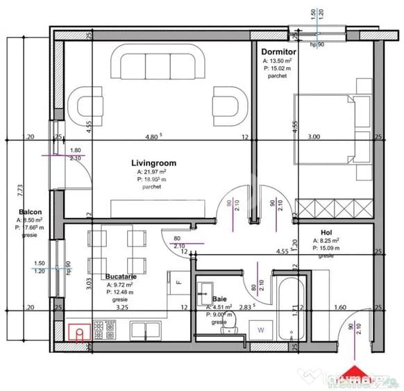 Apartament cu 2 camere decomandat în Trivale