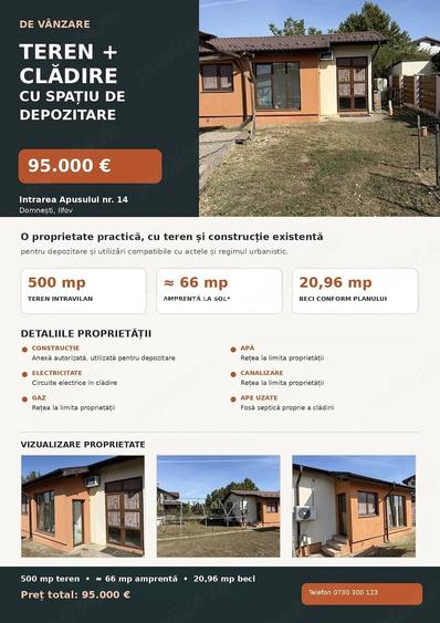 Teren 500mp, spatiu depozitare 2 cam 65mp, beci 21mp
