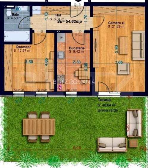 Apartament cu 2 camere, decomandat, 54 mp utili, gradina de 40 mp, zona Aradului