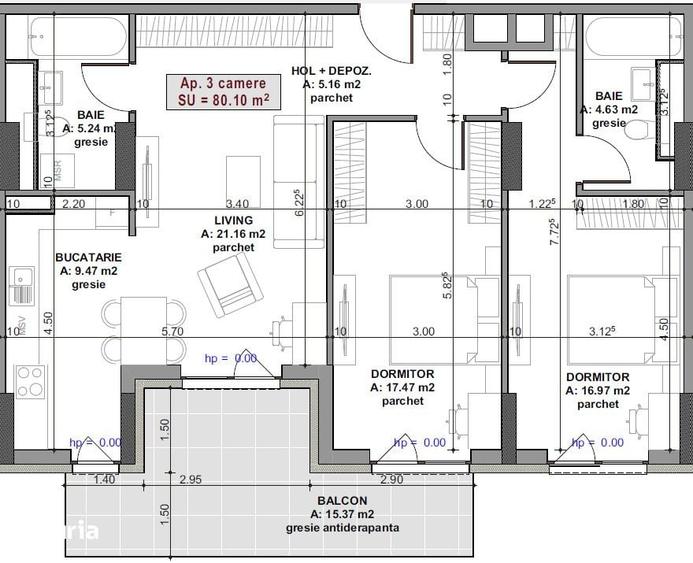 Apartament 3 Camere, 2 Bai, 80,1 mp + Balcon 15,4 mp | Elite City, Mar - 4