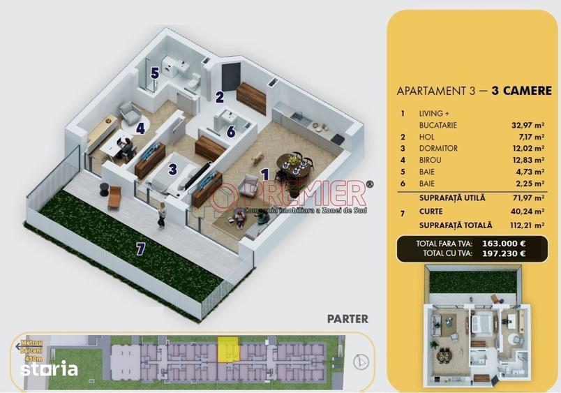 Apartament 3 camere cu gradina 40 mp | 10 min Metrou Berceni | Bloc - 1