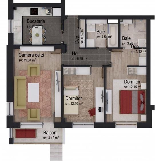 Apartament cu 3 camere decomandat în Tractorul