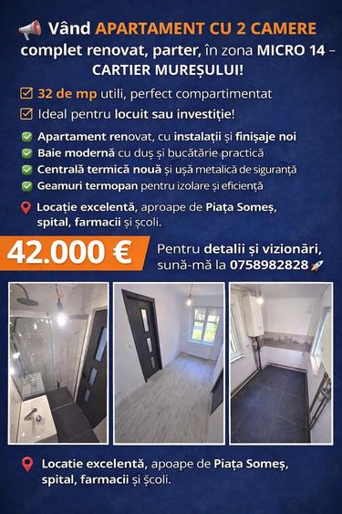 Apartament cu 2 camere semidecomandat în Micro 14