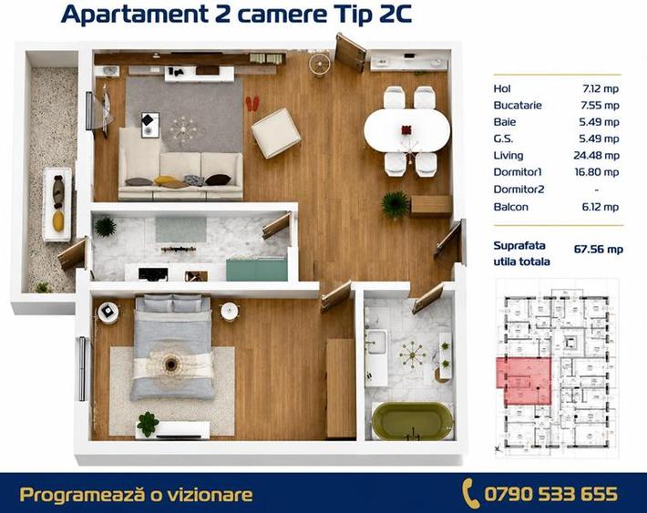 Apartament cu 2 camere decomandat în C5