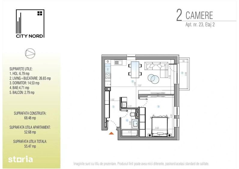Apartament cu 2 camere în Nord