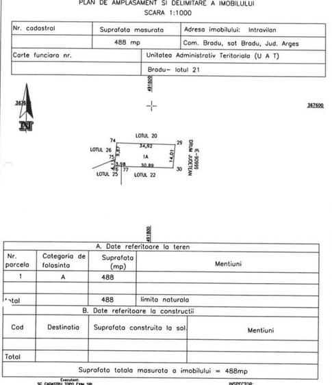 Teren Construcții intravilan de 488 mp, în Bradu
