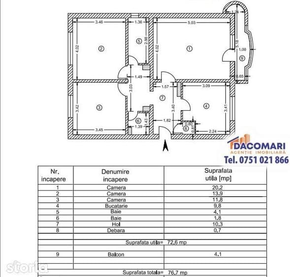 Apartament cu 3 camere decomandat în Micro 20