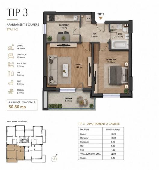 Apartament cu 2 camere decomandat în Central
