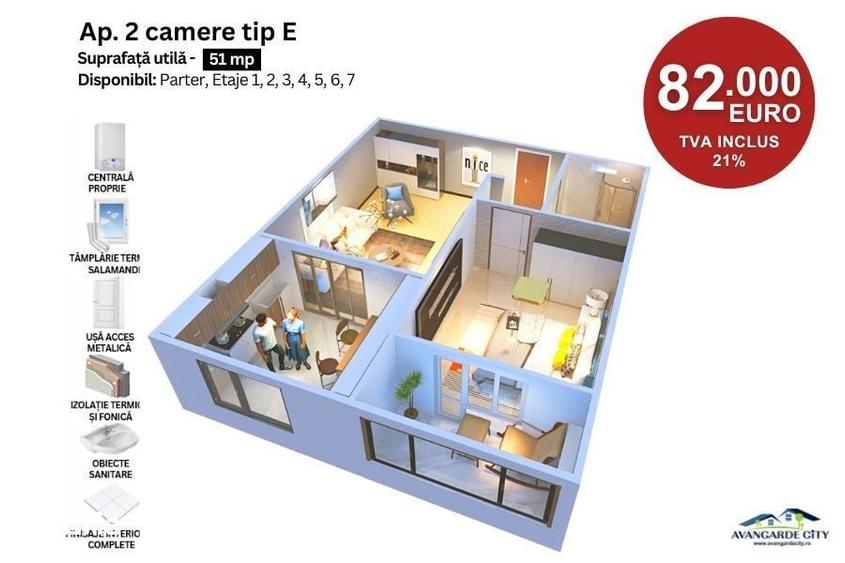 Apartament cu 2 camere decomandat, mobilat în Chiajna