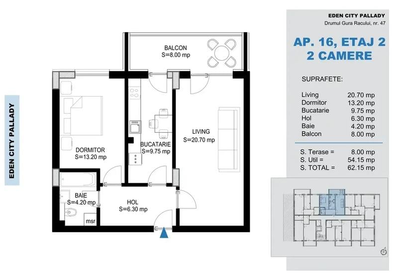 Apartament cu 2 camere decomandat în Titan