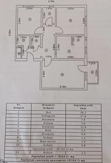 Apartament cu 3 camere decomandat în Central