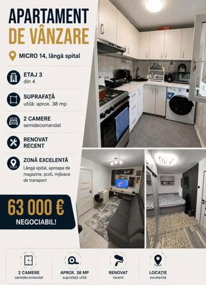 Apartament cu 2 camere semidecomandat în Crâng