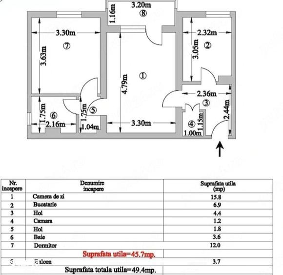 Apartament cu 2 camere semidecomandat în Central