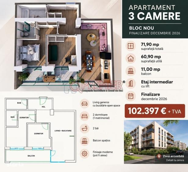 Apartament cu 3 camere în Central