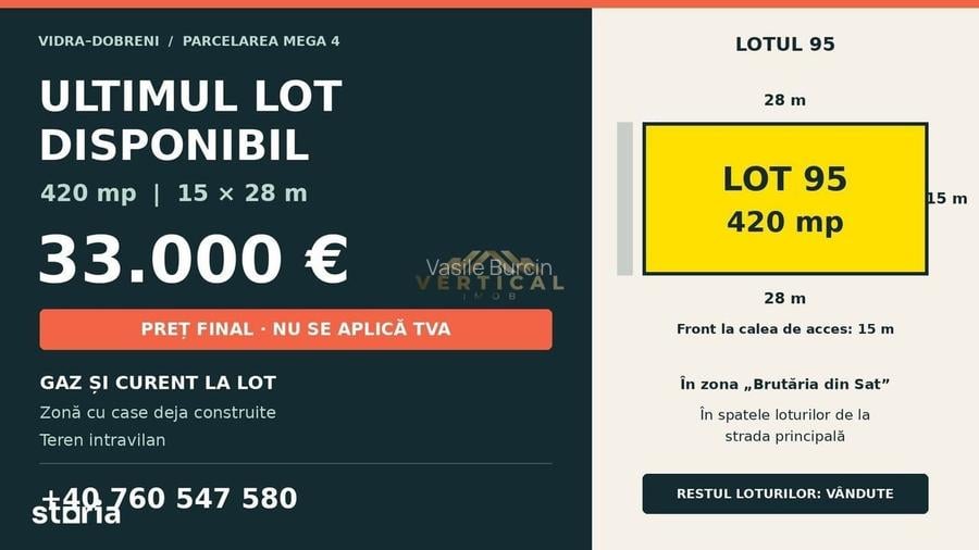 Ultimul Lot Disponibil | 420 Mp | Gaz Si Curent La Lot | Vidra