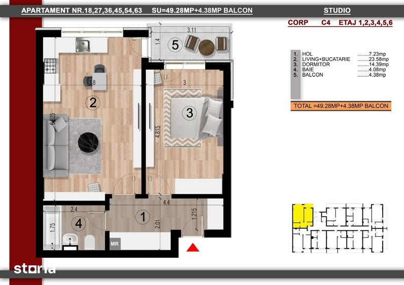 Apartament 2 camere | Studio | 53,66mp | Acces Metrou | Finalizat - 1