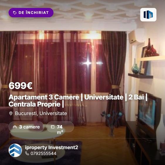 Apartament cu 3 camere decomandat, mobilat în Universitate