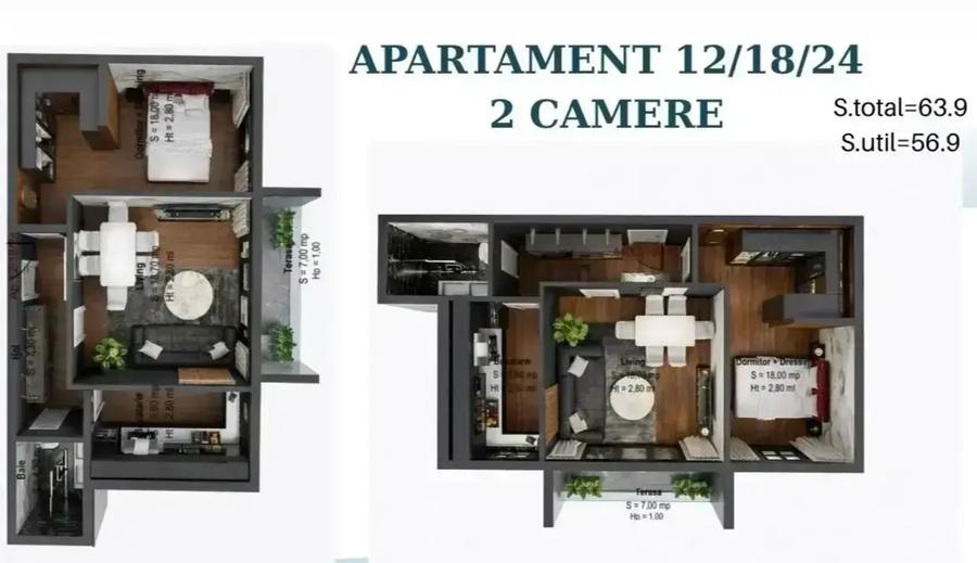 Apartament cu 2 camere decomandat în Titan