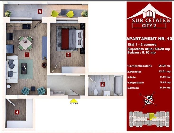 Apartament cu 2 camere semidecomandat în Cetatea