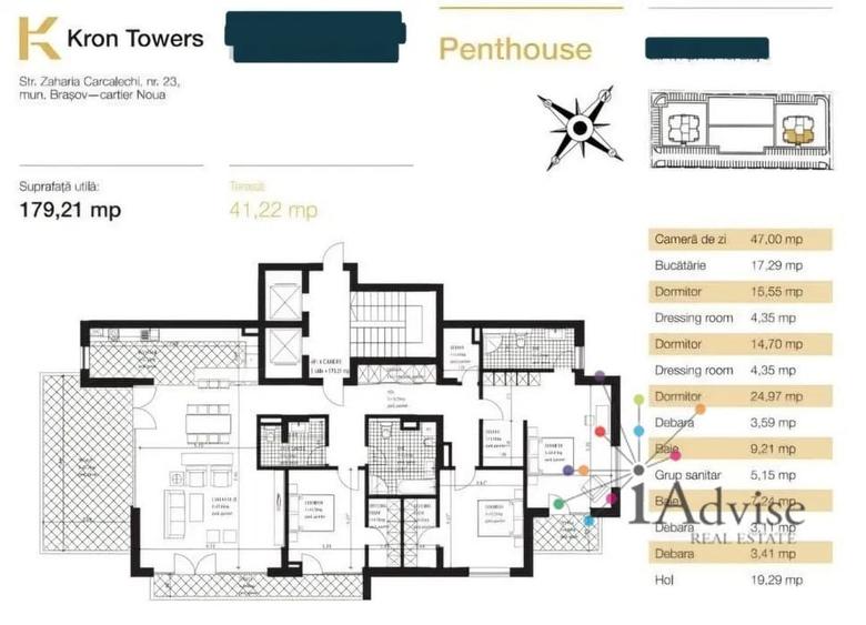 Penthouse cu 4 camere decomandat, mobilat în Noua