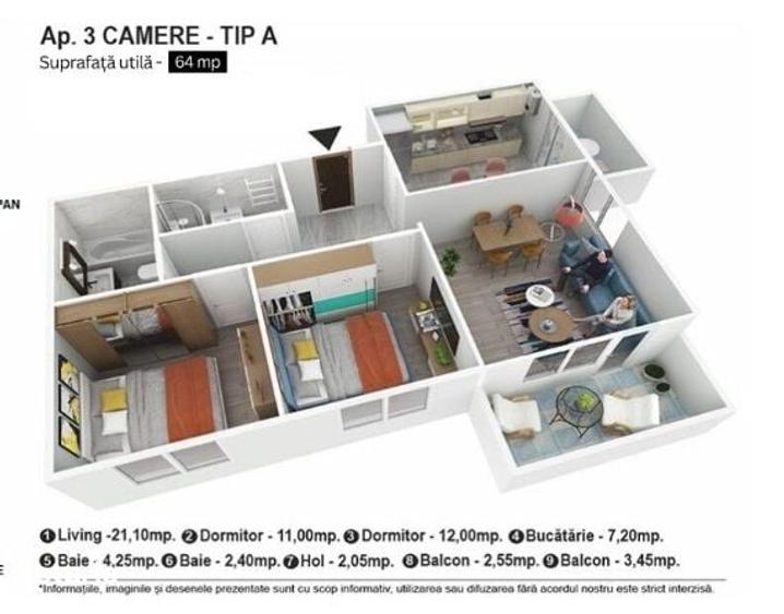 Apartament cu 3 camere decomandat în Chiajna