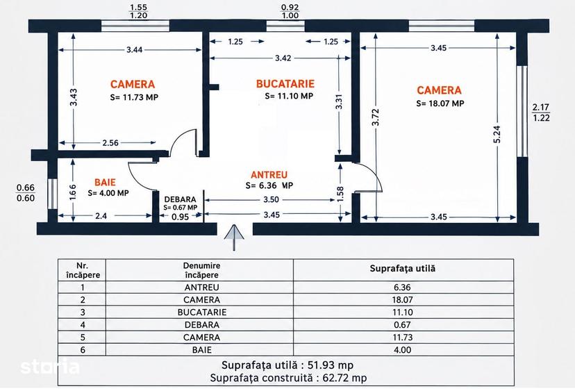 Apartament cu 2 camere decomandat în Central