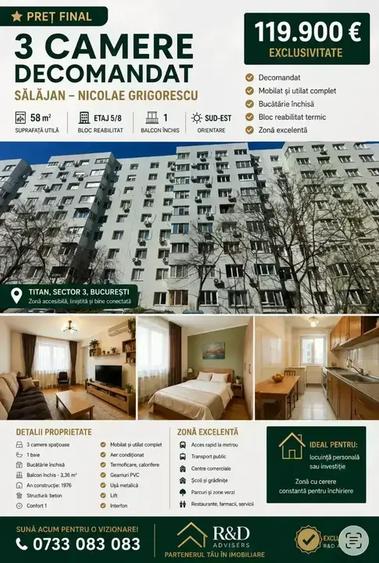Apartament cu 3 camere decomandat, mobilat în Nicolae Grigorescu